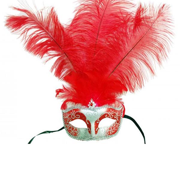 KBW Perie Feather Masquerade Mask color red and silver
