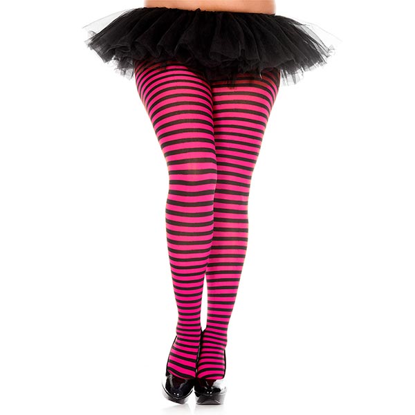 Music Legs Nylon Opaque Striped Tights plus size color black and hot pink