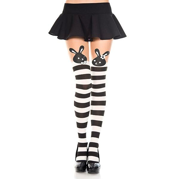 Music Legs Rabbit Print Striped Spandex Pantyhose color black and white