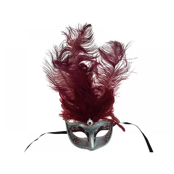 KBW Perie Feather Masquerade Mask color burgundy and silver