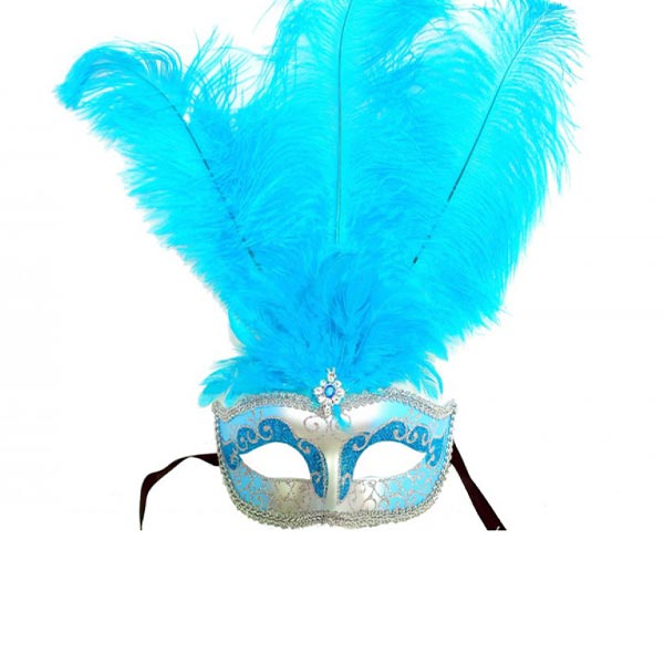 KBW Perie Feather Masquerade Mask color sky blue and silver