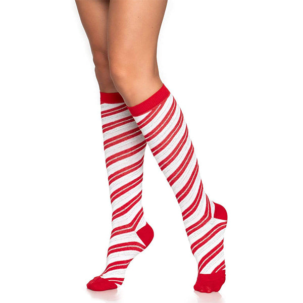 Leg Avenue Shimmery Candy Cane Knee Socks OS Red-White