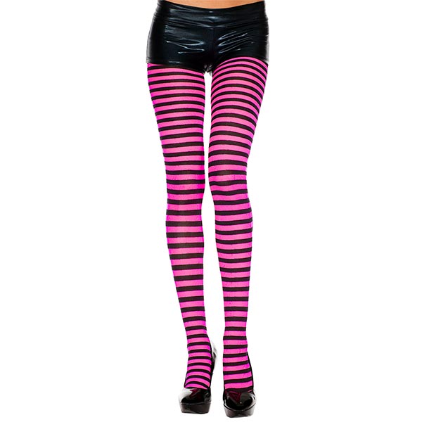 Music Legs Nylon Opaque Striped Tights one size color black and hot pink