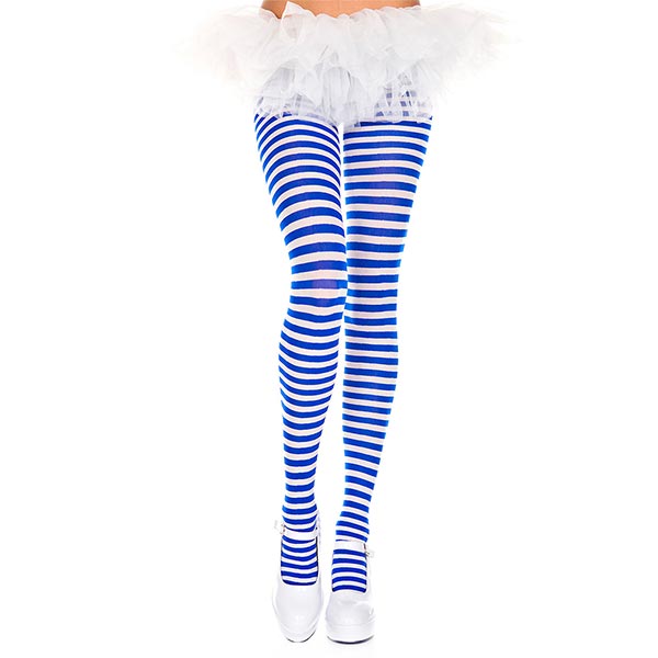 Music Legs Nylon Opaque Striped Tights one size color white and royal blue