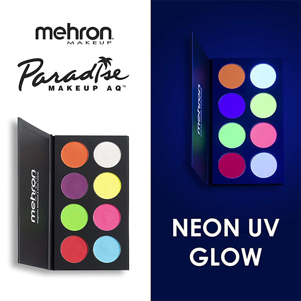 Mehron Paradise Makeup AQ Neon UV Glow 8 Color Palette Contrast